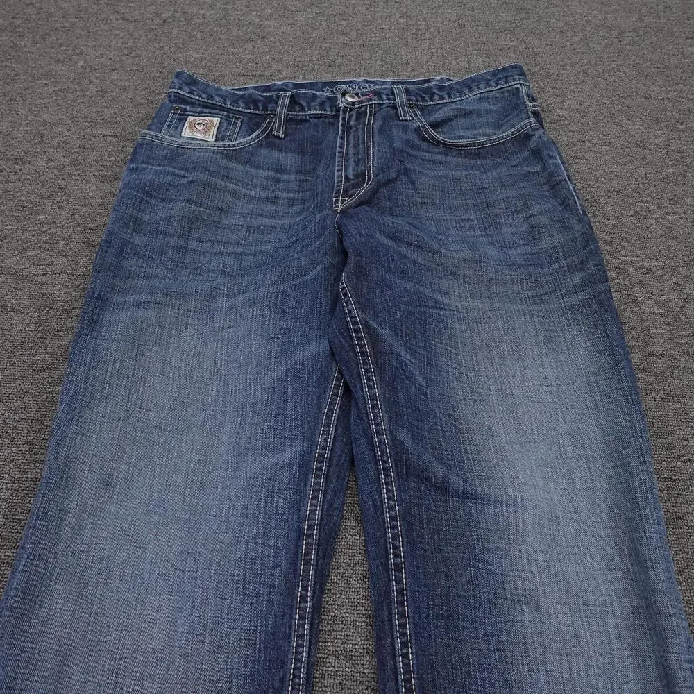Cinch Jeans Mens 35x32 Blue Medium Wash Relaxed Bootcut Distressed Denim MB92834